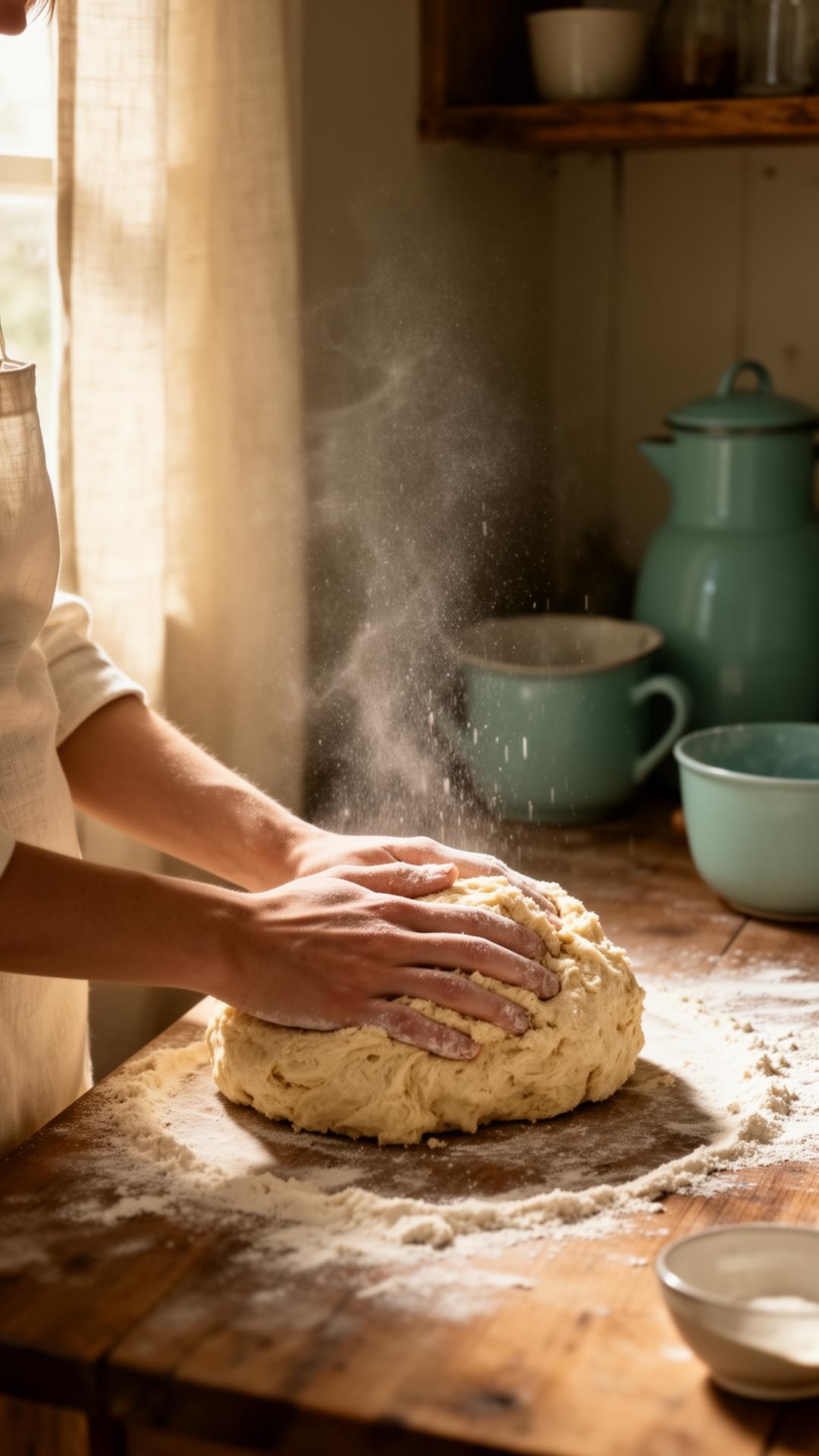 Hands kneading dough in a sunlit rustic kitchen