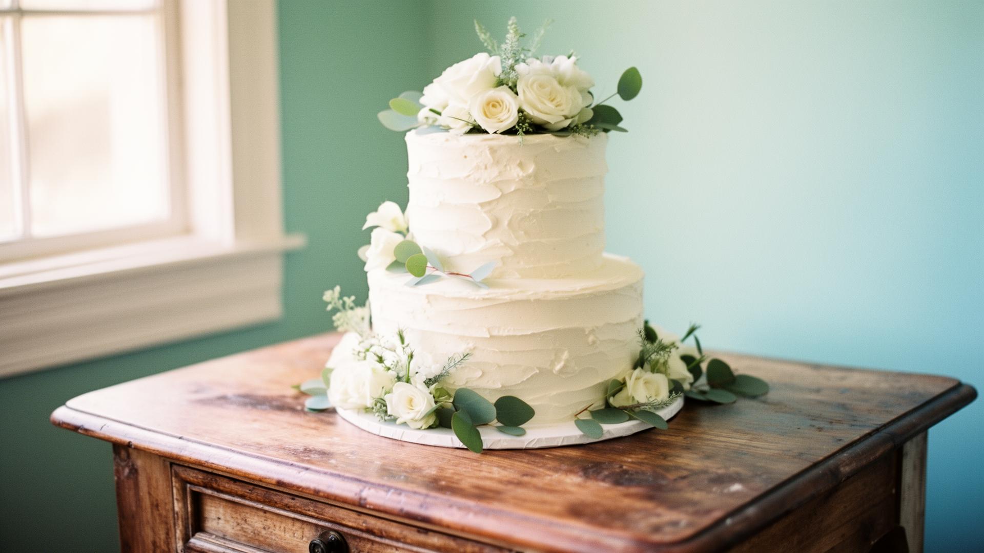 Elegant rustic wedding cake with fresh florals