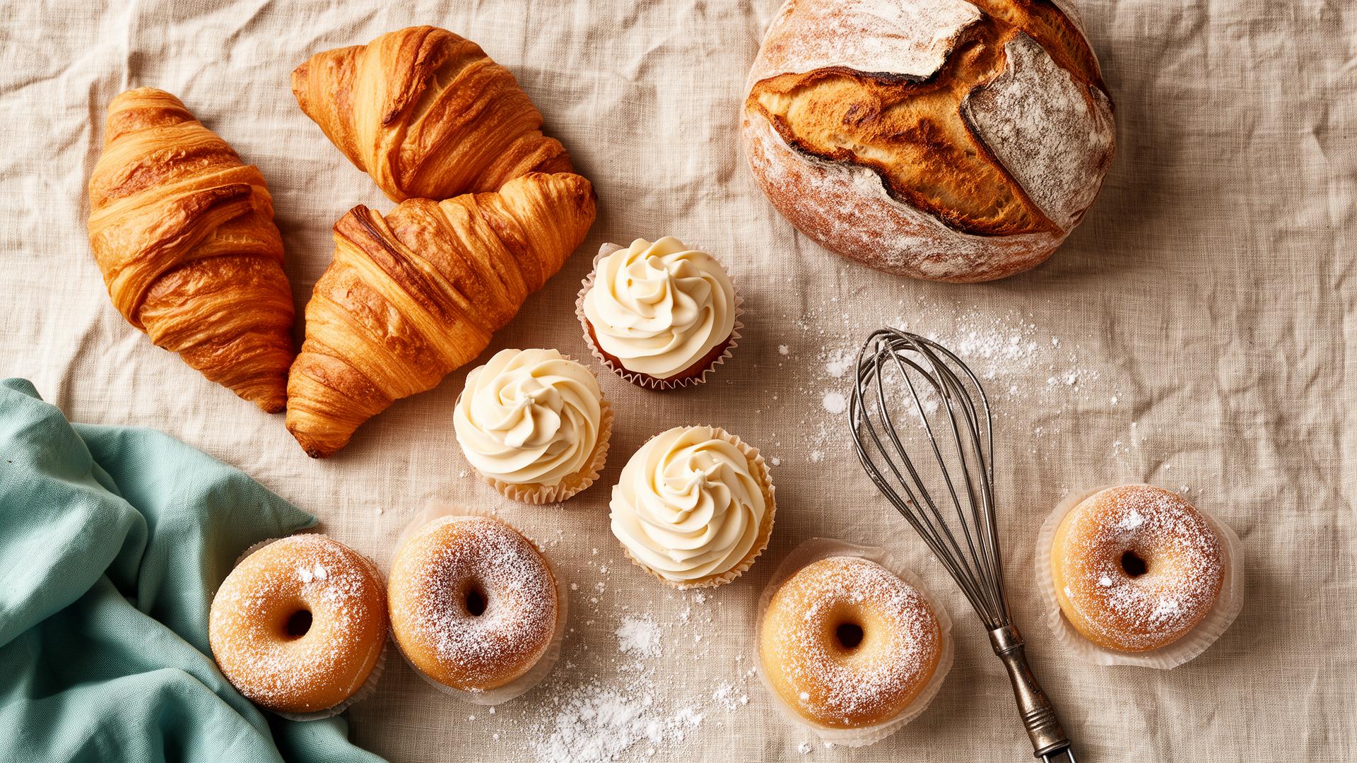 Flat lay of artisan baked goods